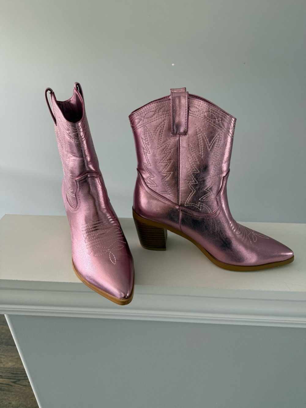 Metallic Pink Western Ankle Boots - Women's Fashion Booties